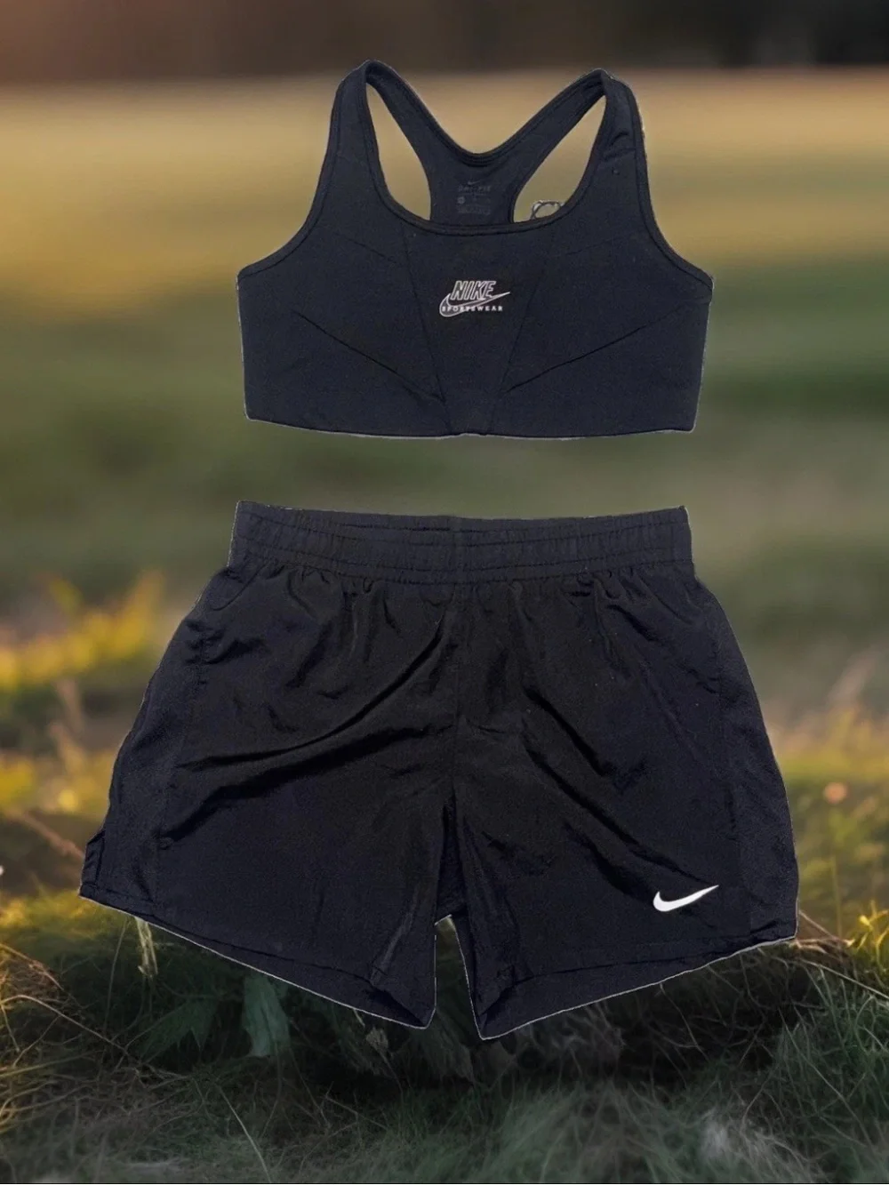 Nike Dri Fit 2Pc Set Center Swoosh Sports Bra Athletic Shorts Black Fits SZ.S - Picture 1 of 9